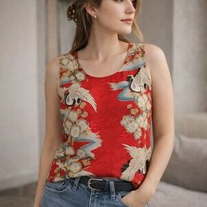 Vintage Y2K Red Crane Print Textured Tank Top | Size Medium